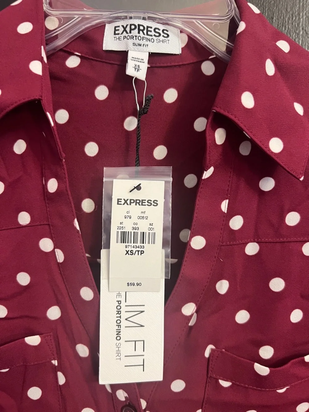 EXPRESS Portofino Burgundy Polka Dot Button-Down Shirt - Picture 3 of 4